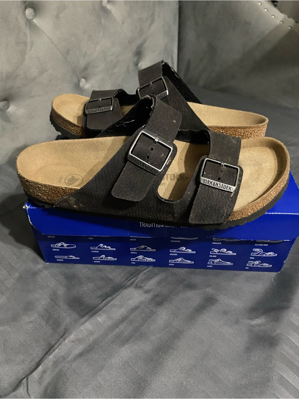 Birkenstock Arizona Two-Strap Sandals in Black and Tan